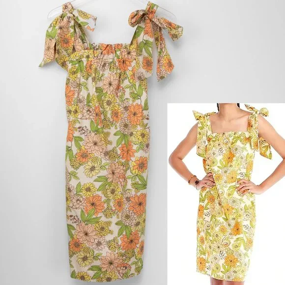 J. Crew Tie-Shoulder Cotton Poplin Dress Zinnia Floral Green Orange Size XS New - Picture 1 of 6